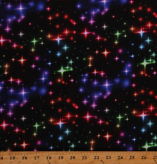 44 x 36 Neon Stars on Black Christmas 100% Cotton Fabric