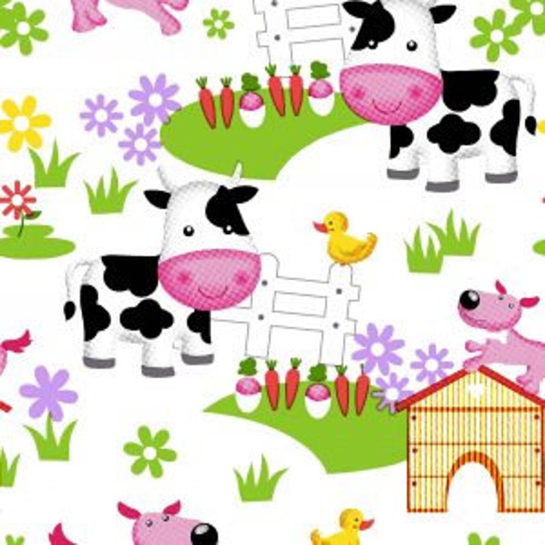 Oasis Fabrics Fun Flannels Barnyard on White Baby Price per Yard
