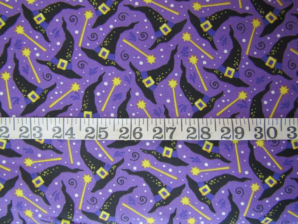 45 x 36 Halloween Witches Hats and Wands on Purple 100% Cotton Fabric