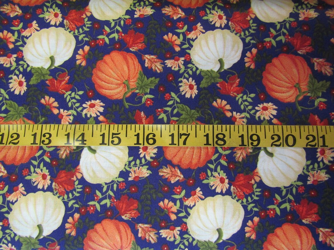 Fall Autumn Thanksgiving Orange and White Pumpkins on Blue 100% Cotton