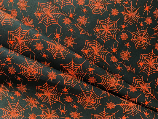 45 x 36 Halloween Orange Spiderwebs and Spiders on Black 100% Cotton Fabric
