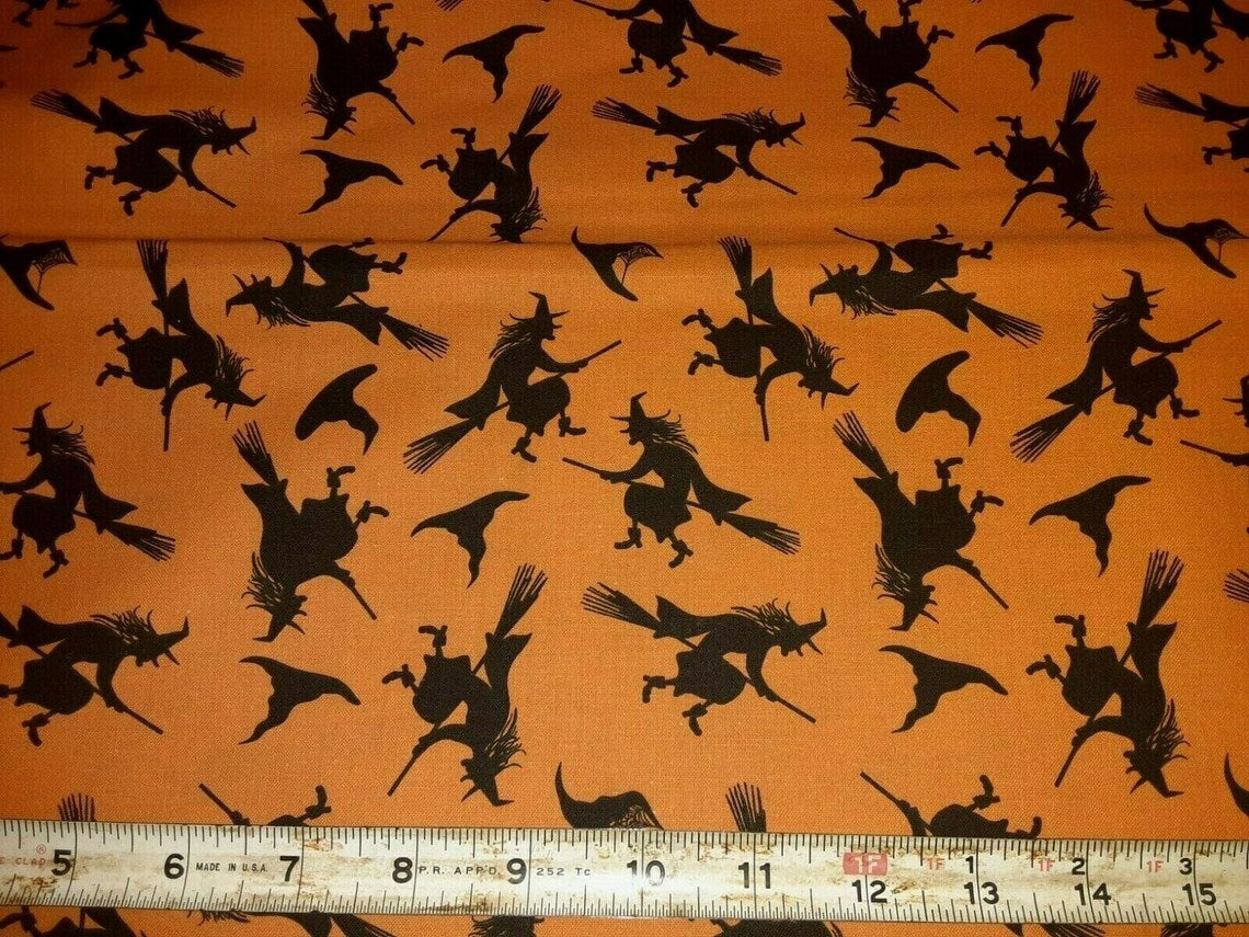 Halloween Flying Witches on Broomsticks on Orange 100% Cotton Fabric