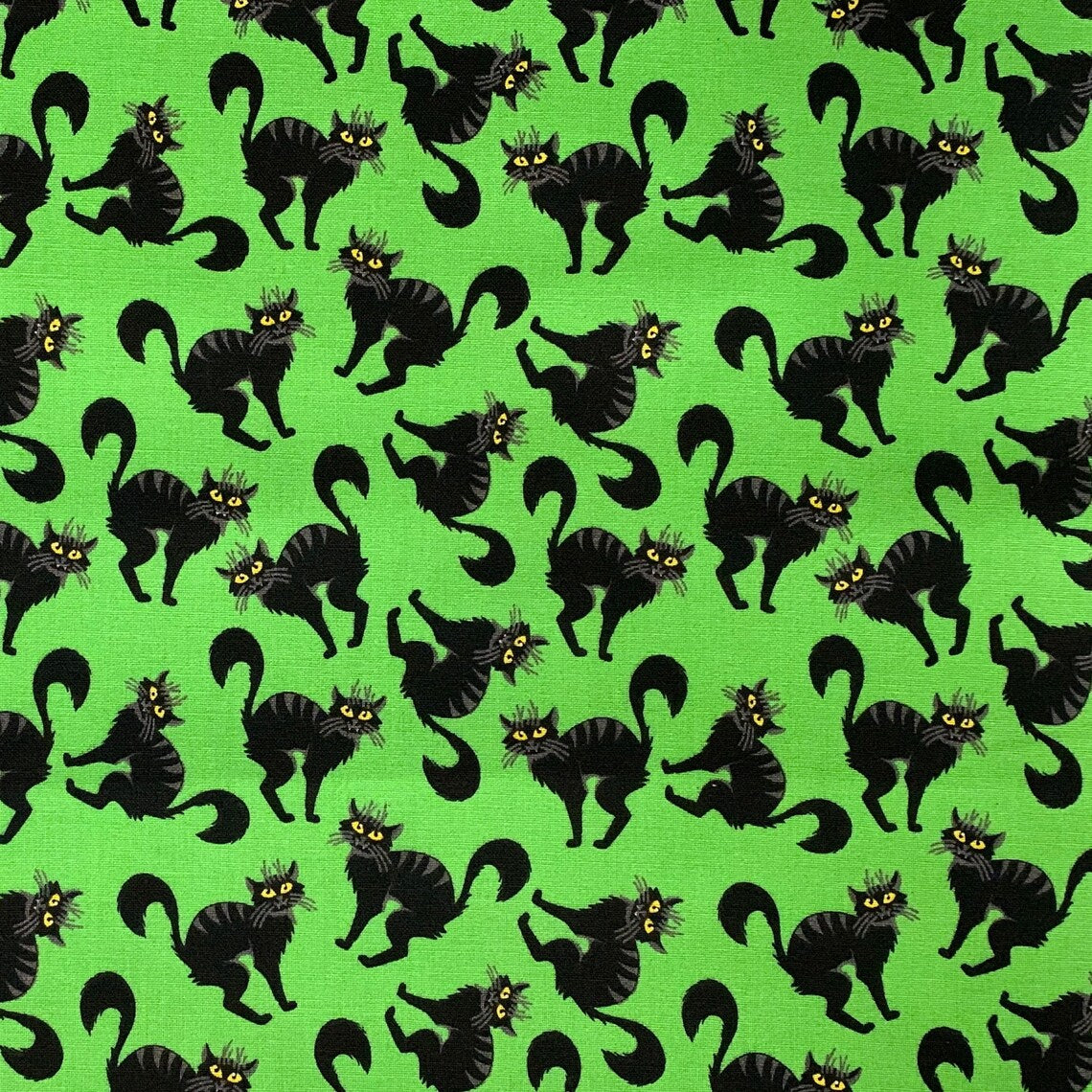 Halloween Creepy Black Cats on Green 100% Cotton Fabric
