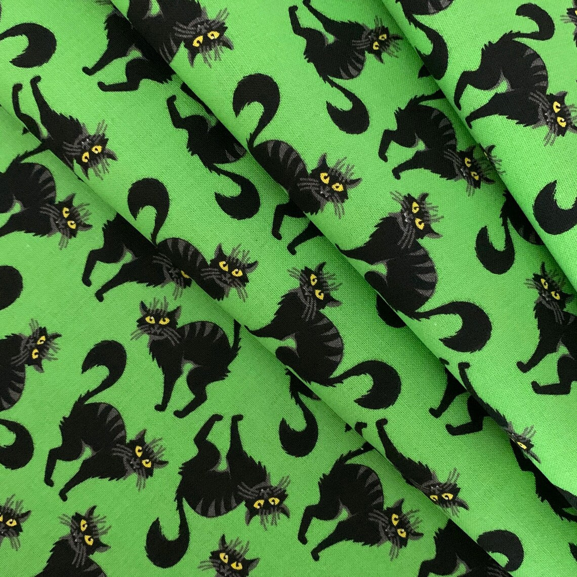 Halloween Creepy Black Cats on Green 100% Cotton Fabric