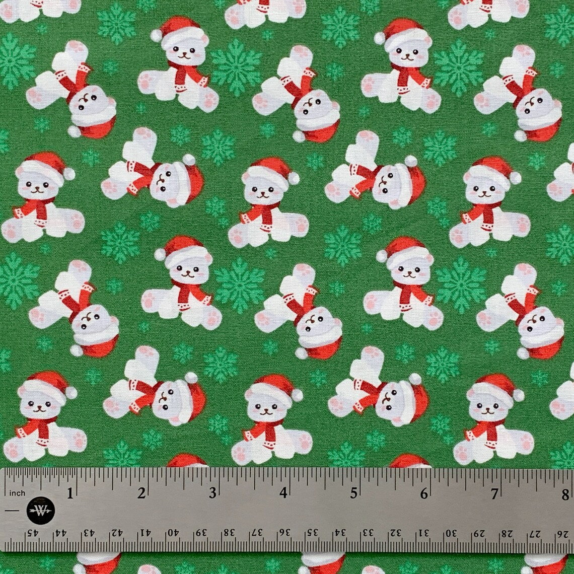 Christmas Teddy Bears and Snowflakes on Green 100% Cotton Fabric