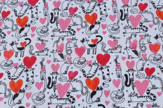 Price Per Yard Playful Hearts and Cats on White Benartex 100% Cotton Valentine