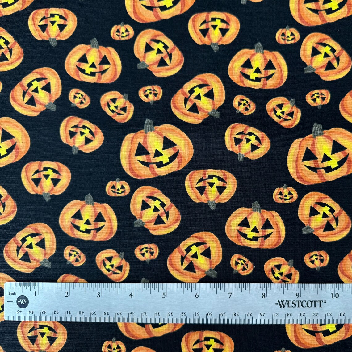 Halloween Happy Pumpkins on Black 100% Cotton Fabric