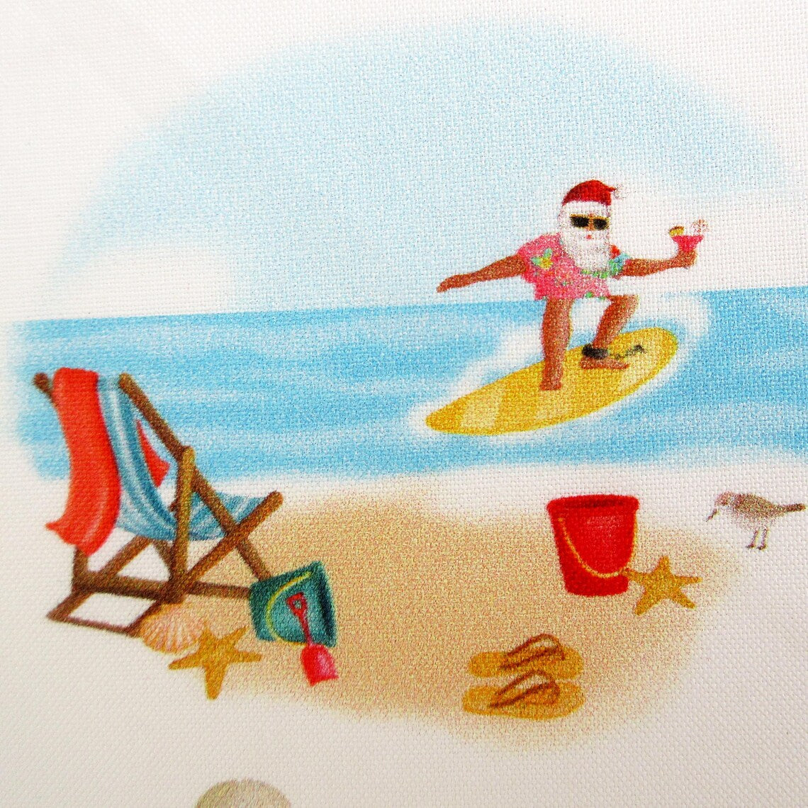 Christmas Santa at the Beach on Whtie 100% Cotton Price per Yard