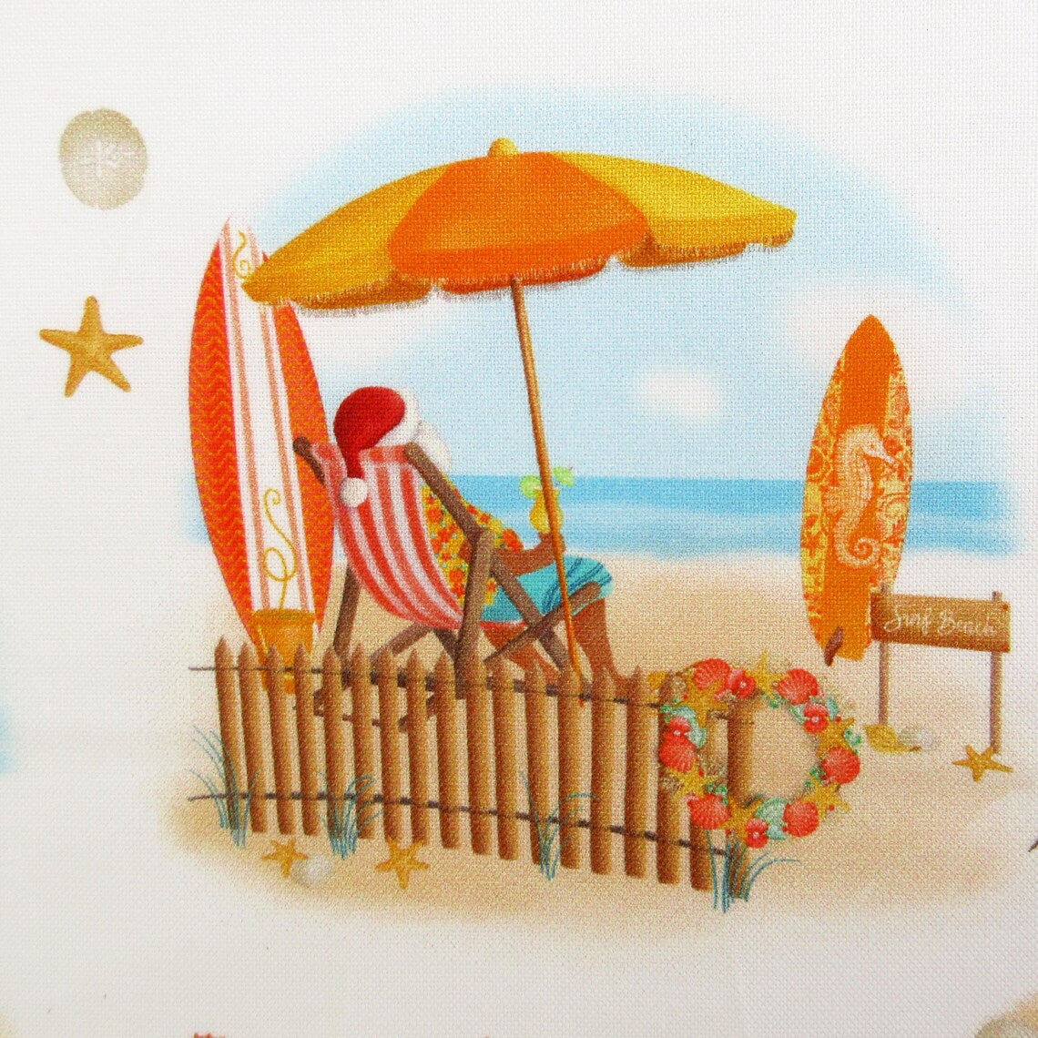 Christmas Santa at the Beach on Whtie 100% Cotton Price per Yard