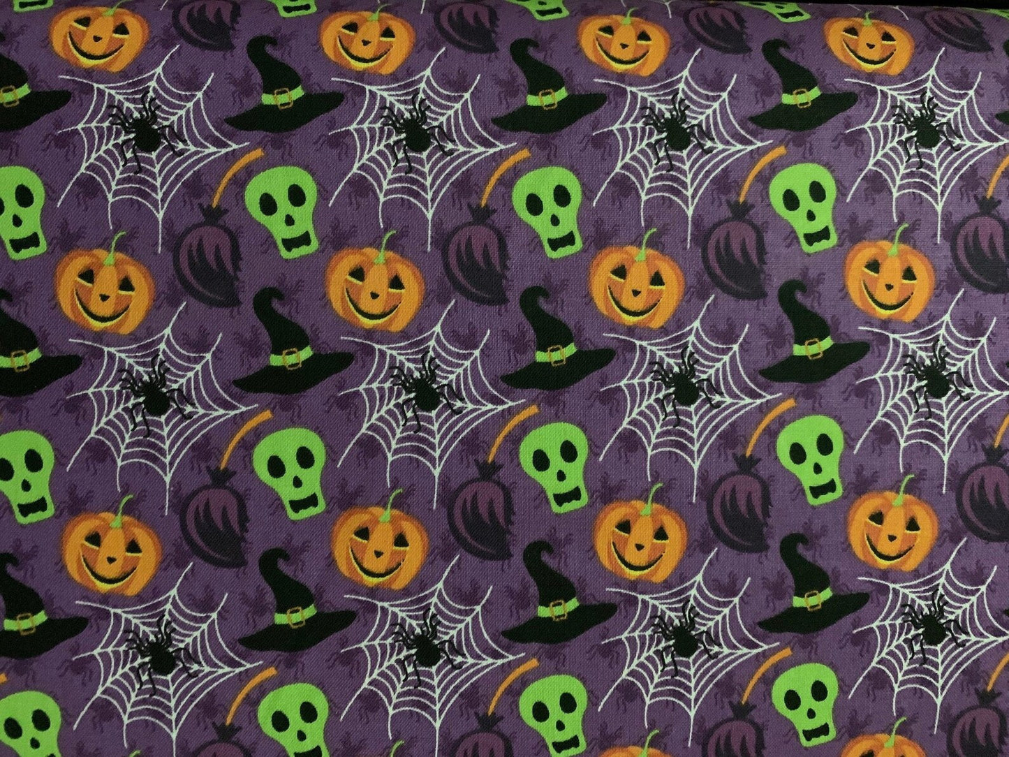 45 x 36 Halloween Pumpkin Skull Spiderweb on Purple 100% Cotton Fabric
