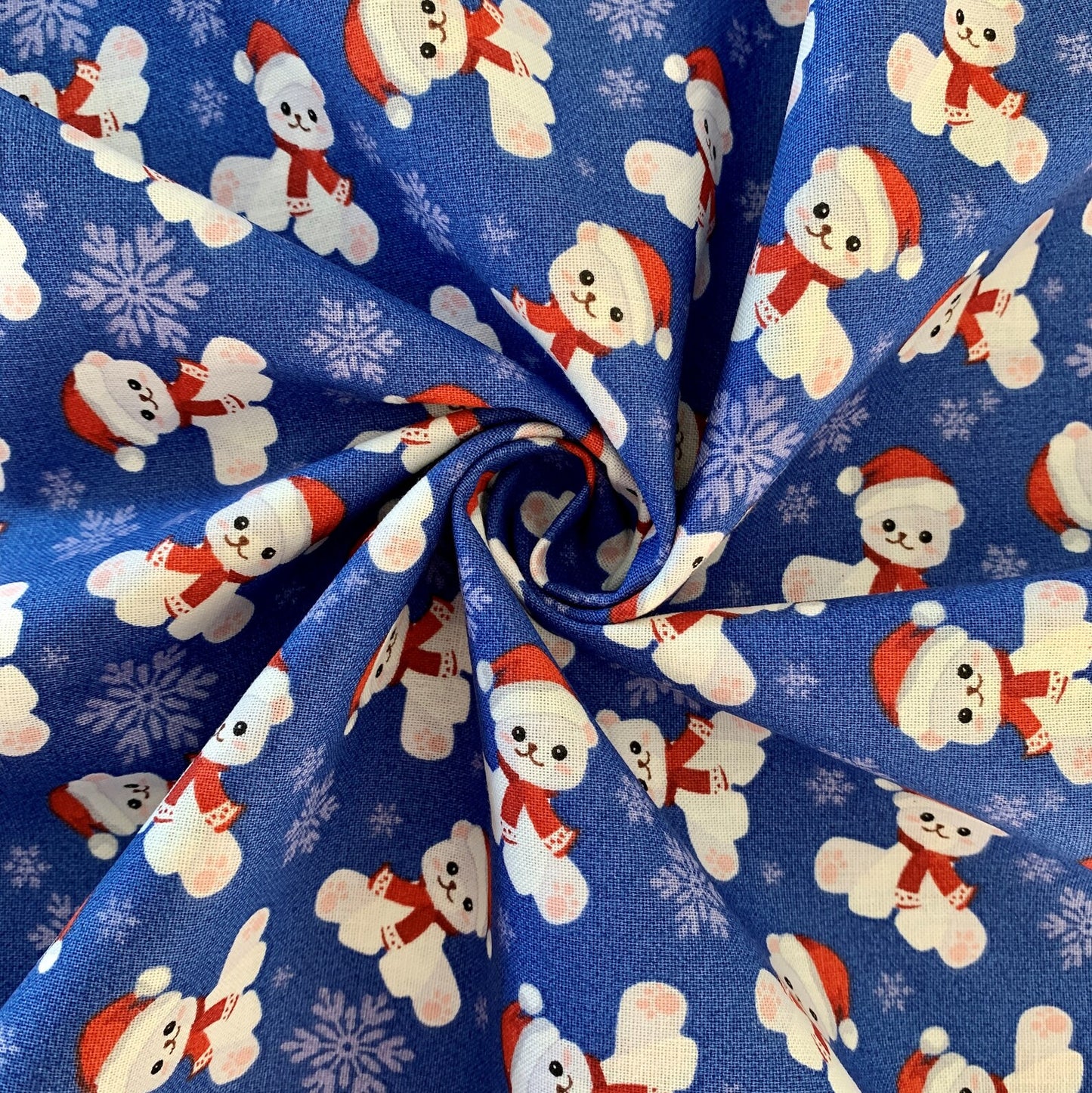 Christmas Teddy Bears and Snowflakes on Blue 100% Cotton Fabric