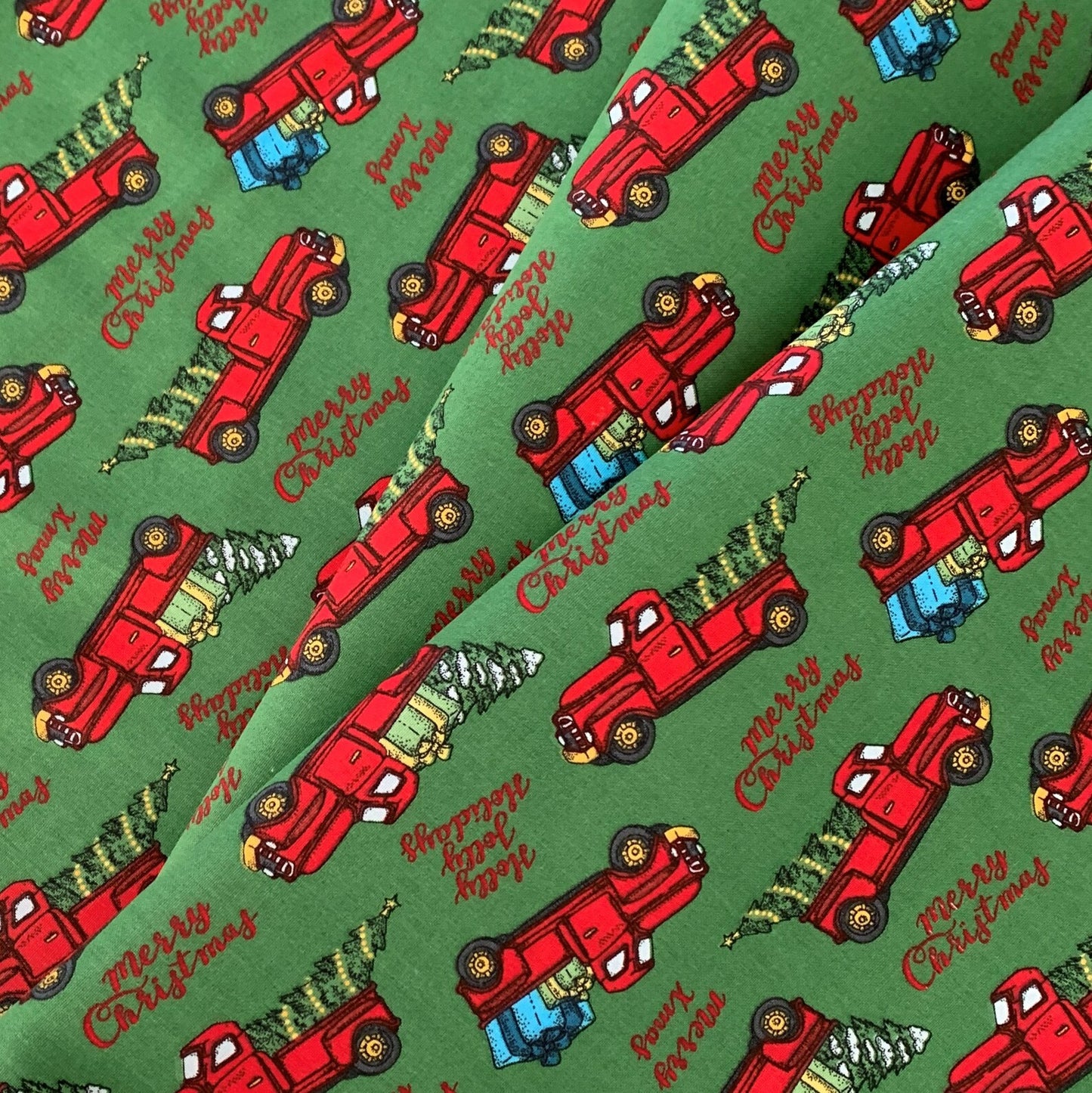45 x 36 Christmas Red Truck Gifts Trees on Green 100% Cotton Fabric
