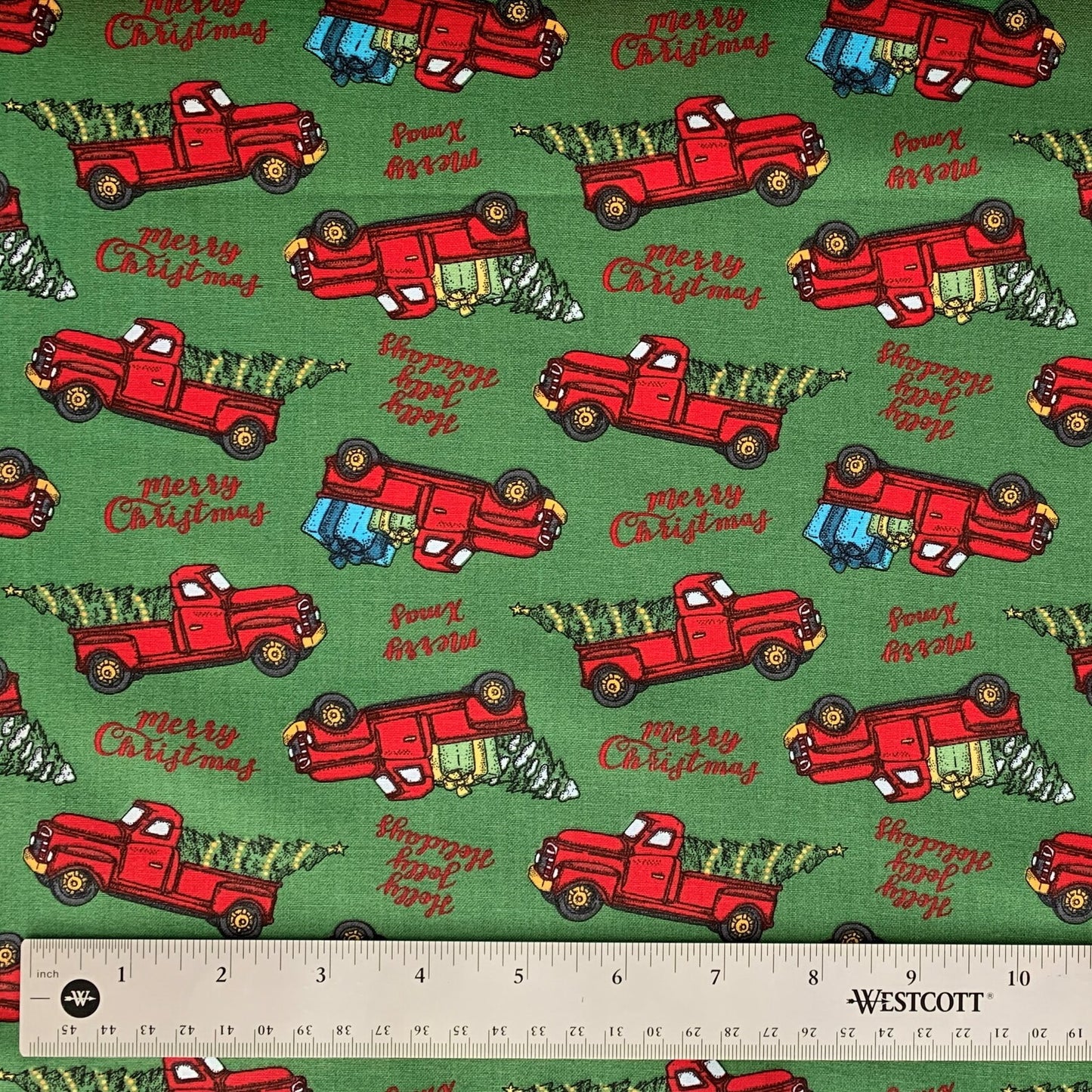 45 x 36 Christmas Red Truck Gifts Trees on Green 100% Cotton Fabric
