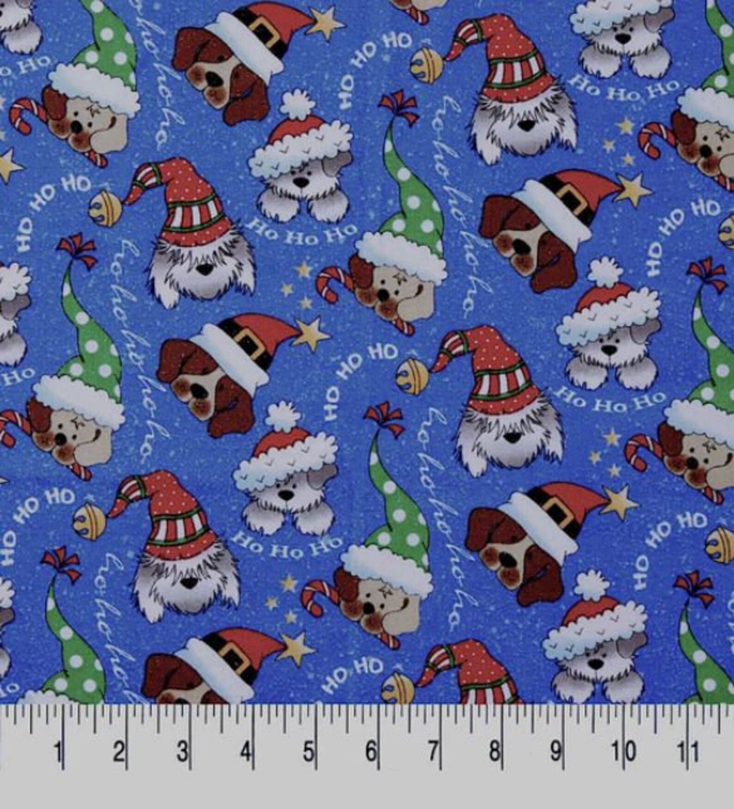 44 x 36 Christmas Ho Ho Ho Dogs Puppies on Blue Glitter Fabric Traditions 100% Cotton