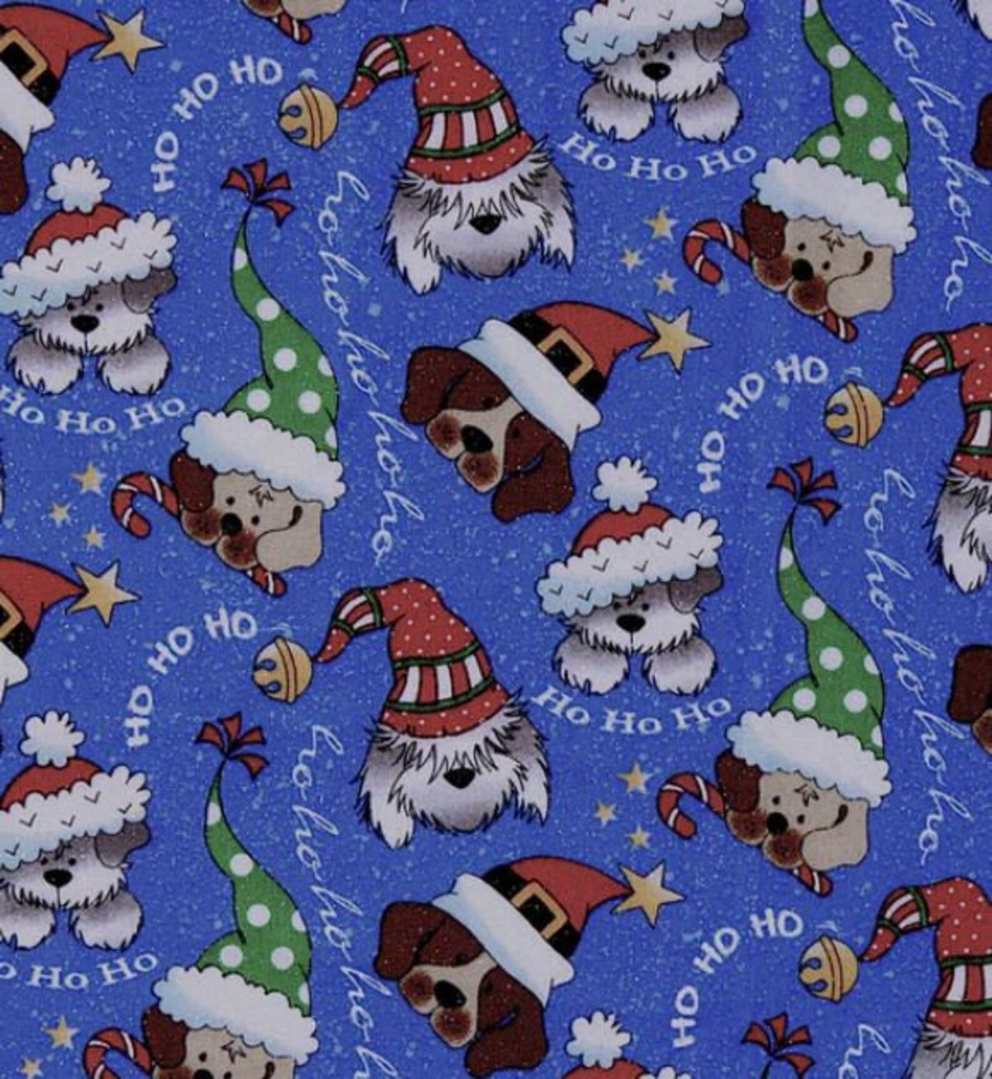 44 x 36 Christmas Ho Ho Ho Dogs Puppies on Blue Glitter Fabric Traditions 100% Cotton