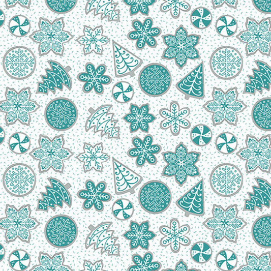 44 x 36 Teal Sugar Cookies on White Benartex Christmas Metallic 100% Cotton Fabric