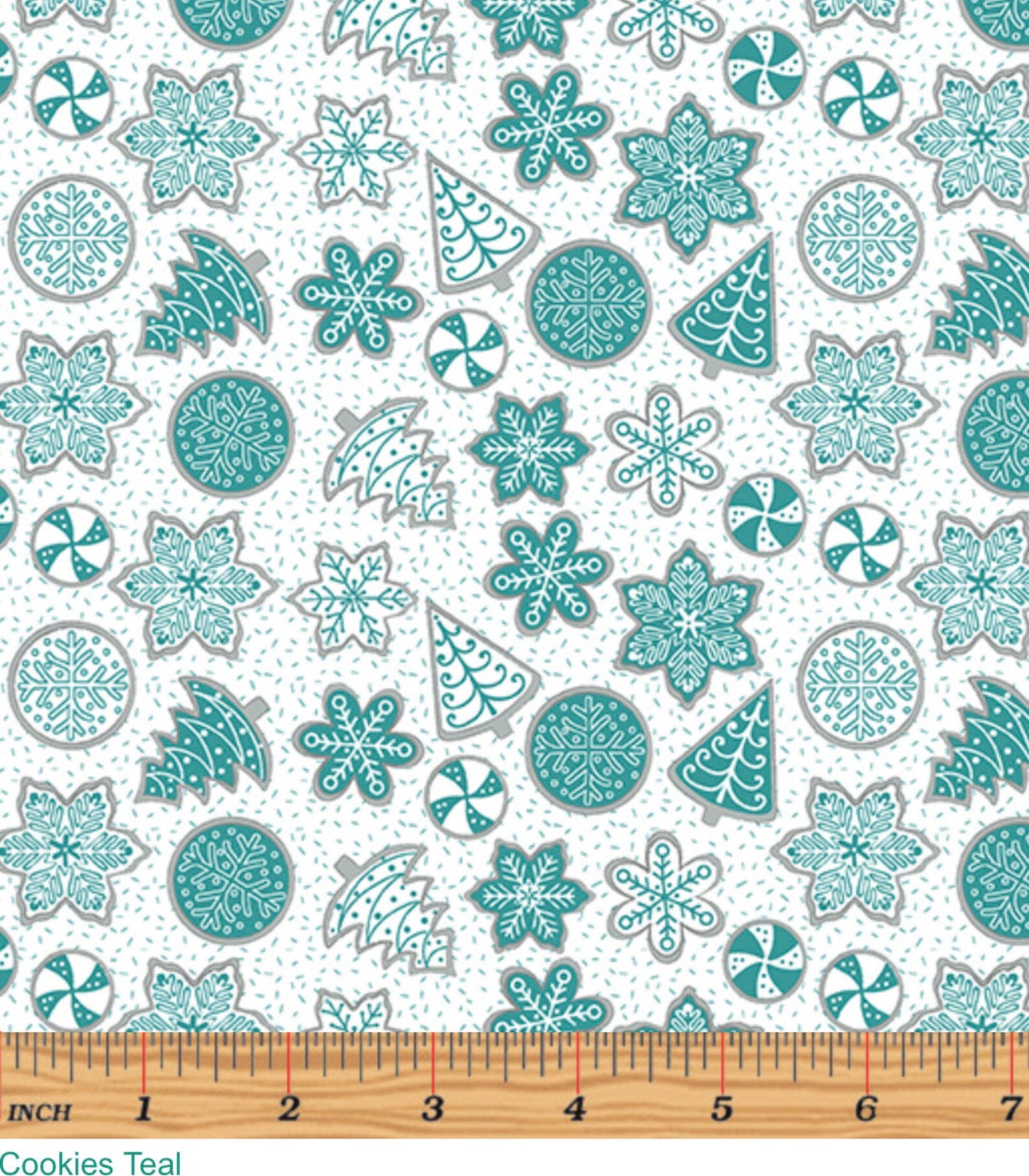 44 x 36 Teal Sugar Cookies on White Benartex Christmas Metallic 100% Cotton Fabric