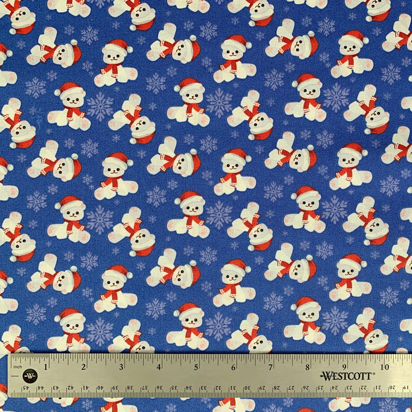 Christmas Teddy Bears and Snowflakes on Blue 100% Cotton Fabric