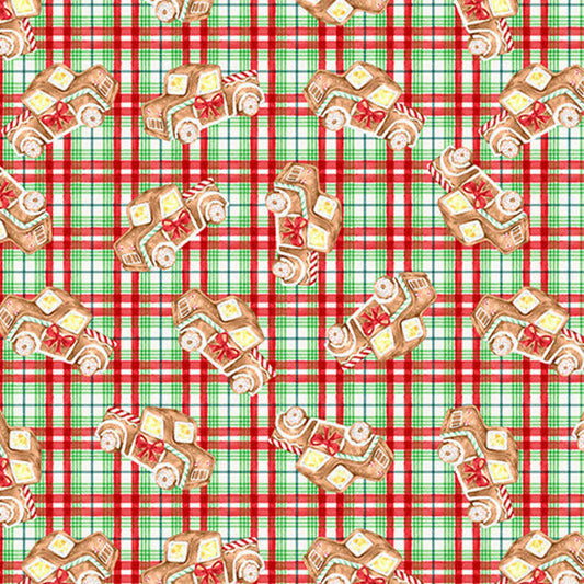 3 Wishes Christmas Gingerneering Gingerbread Trucks Plaid 100% Cotton By the yard