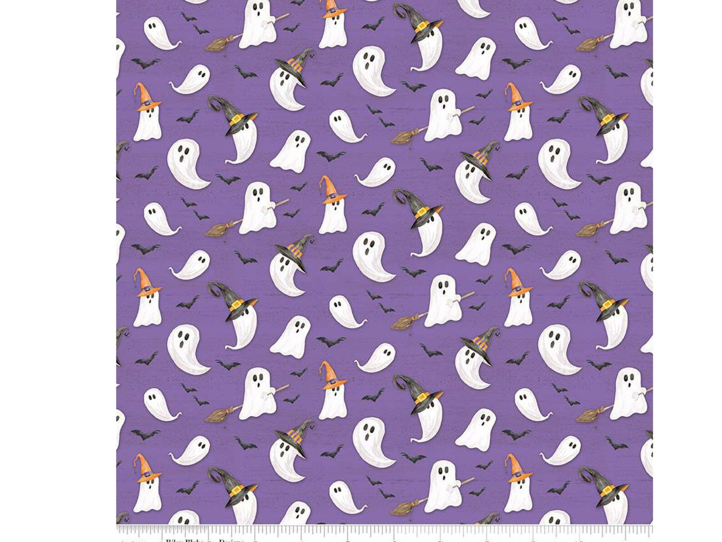 Halloween Ghosts in Witches Hats Brooms and Bats on Purple 100% Cotton Price Per Yard
