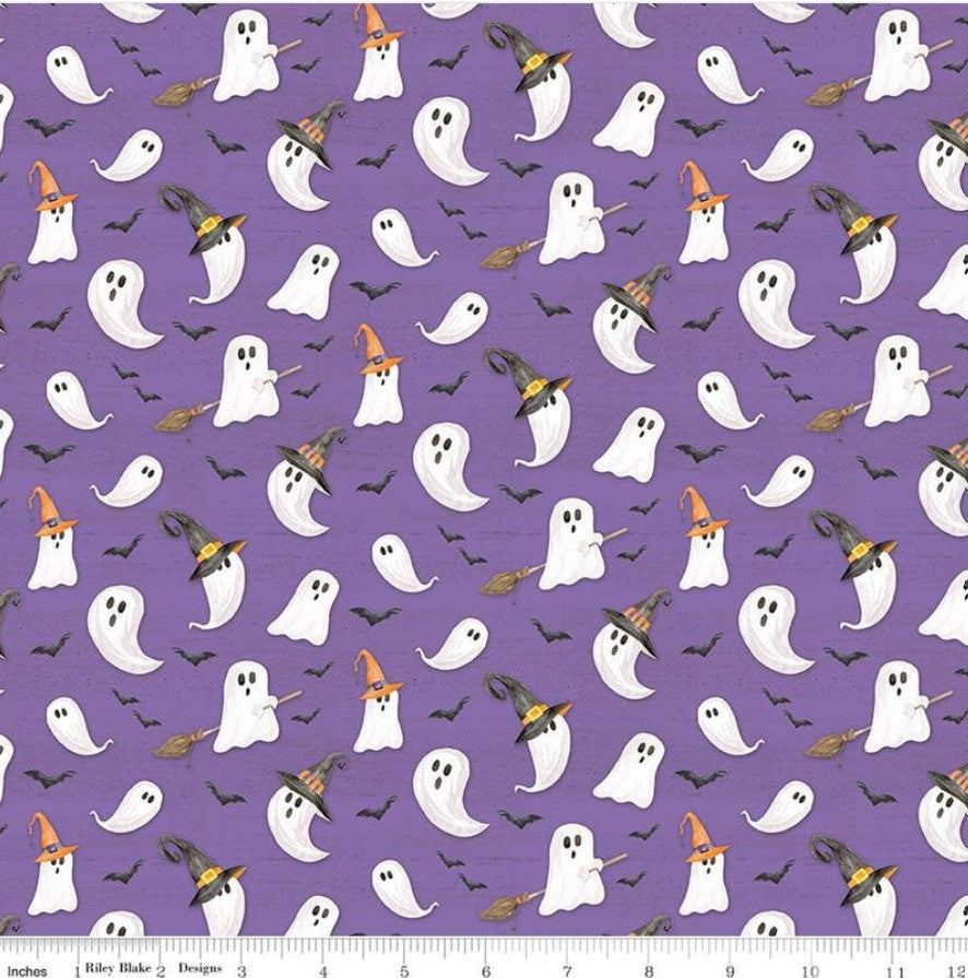 Halloween Ghosts in Witches Hats Brooms and Bats on Purple 100% Cotton Price Per Yard