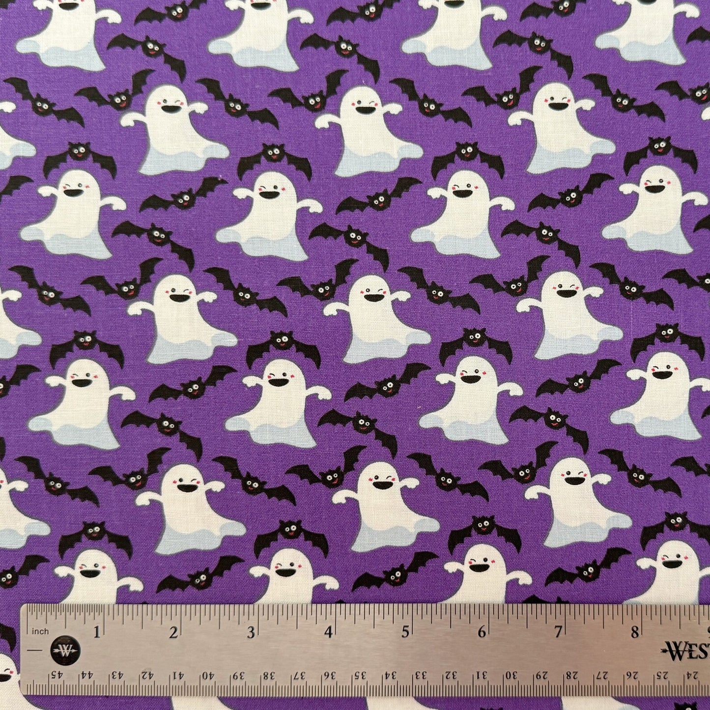 Halloween Dancing Ghosts and Bats on Purple 100% Cotton Fabric
