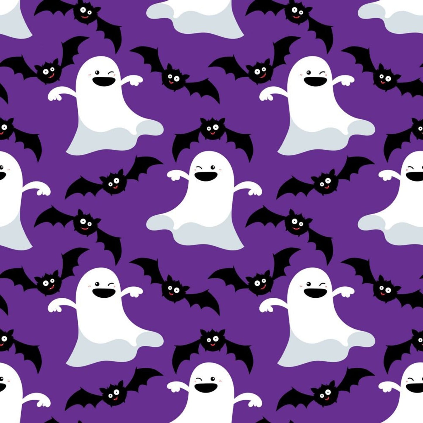 Halloween Dancing Ghosts and Bats on Purple 100% Cotton Fabric