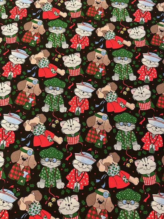 Fabric Traditions Christmas Dog and Cats in Scrubs 100% Cotton Price per Yard