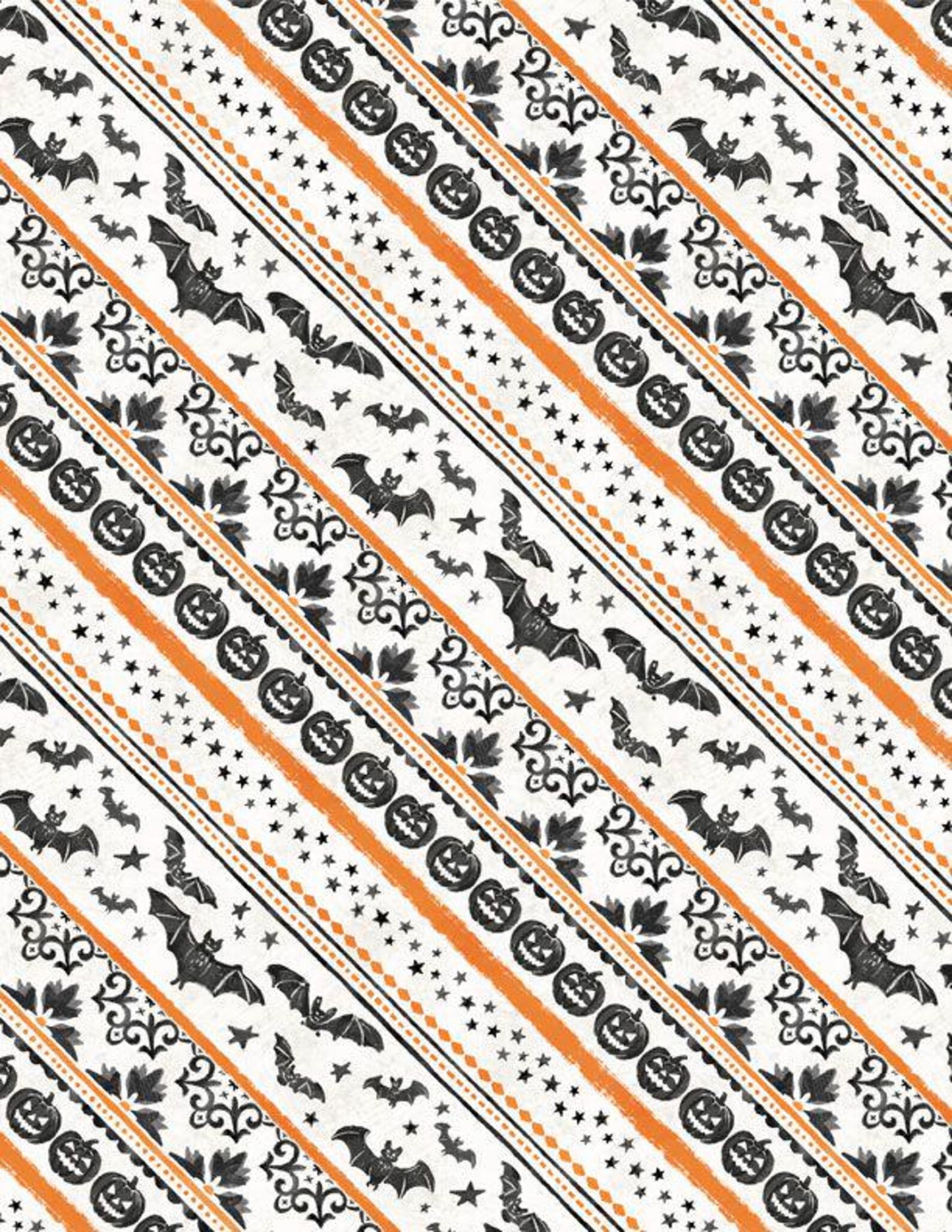 Halloween Orange Ticking Diagonal Stripe Bats Pumpkins on White