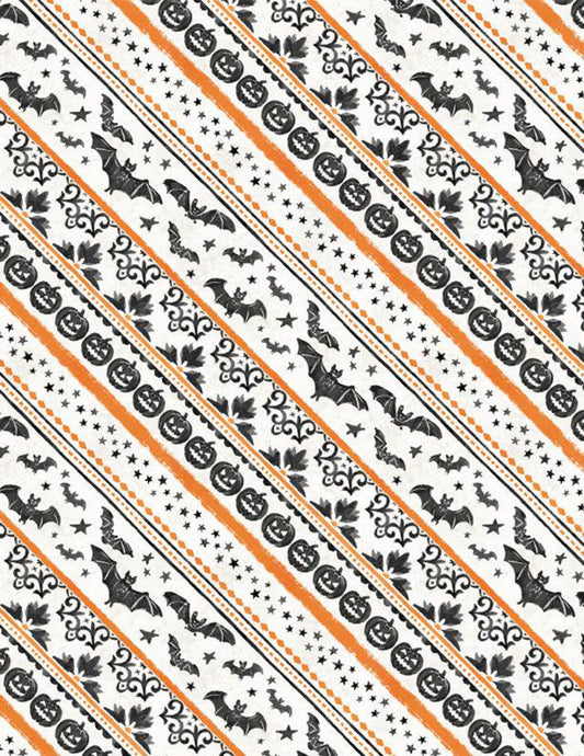 Halloween Orange Ticking Diagonal Stripe Bats Pumpkins on White