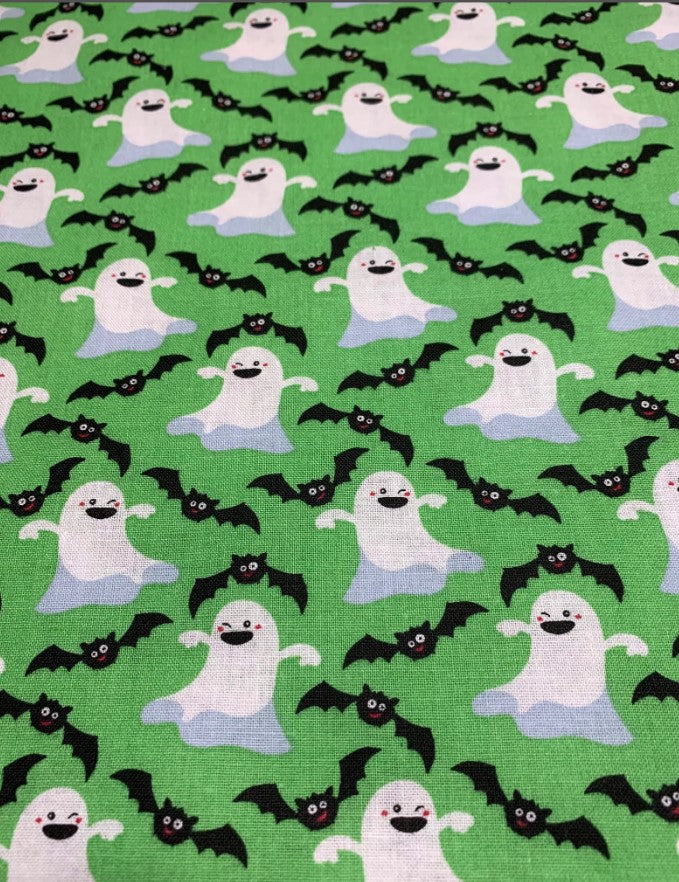 Halloween Fabric Dancing Ghosts and Bats on Green 100% Cotton