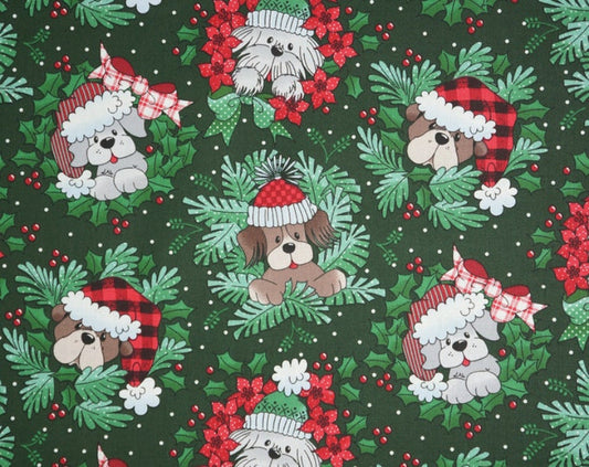 Fabric Traditions Christmas Dog in Wreaths 100% Cotton Price per Yard
