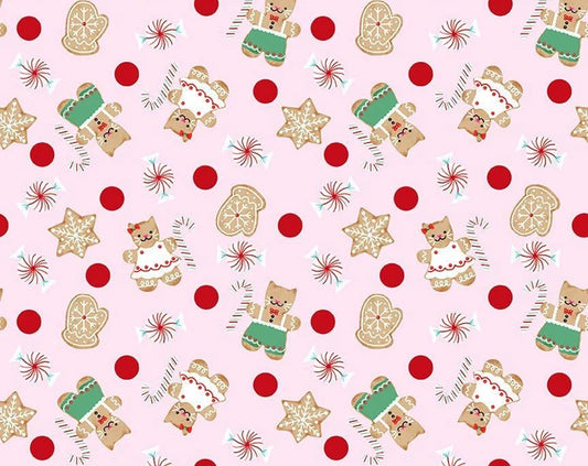 Dear Stella Christmas Gingerbread Cats Pink 100% Cotton Price per Yard