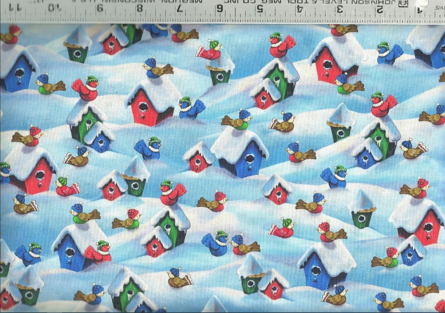 44 x 36 Birdhouses on Blue Quilting Treasures 100% Cotton Christmas