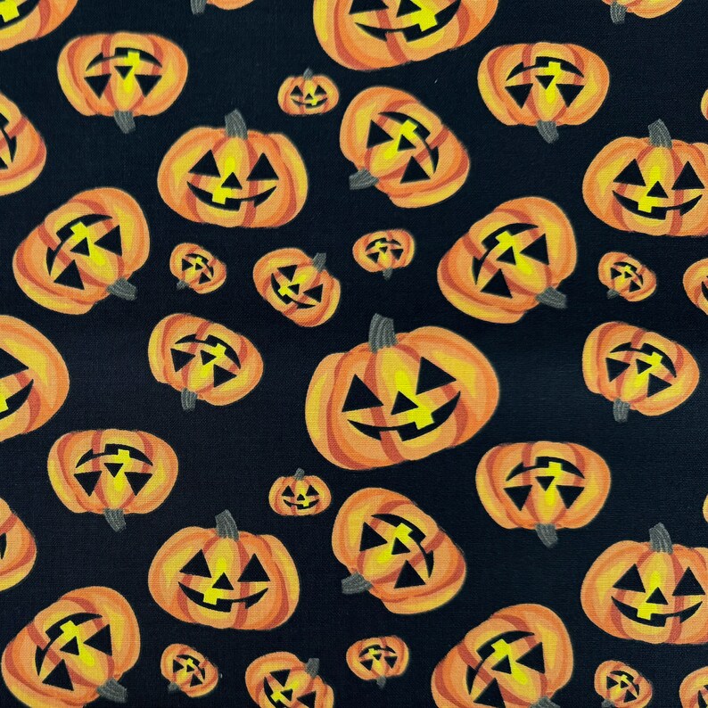 Halloween Happy Pumpkins on Black 100% Cotton Fabric