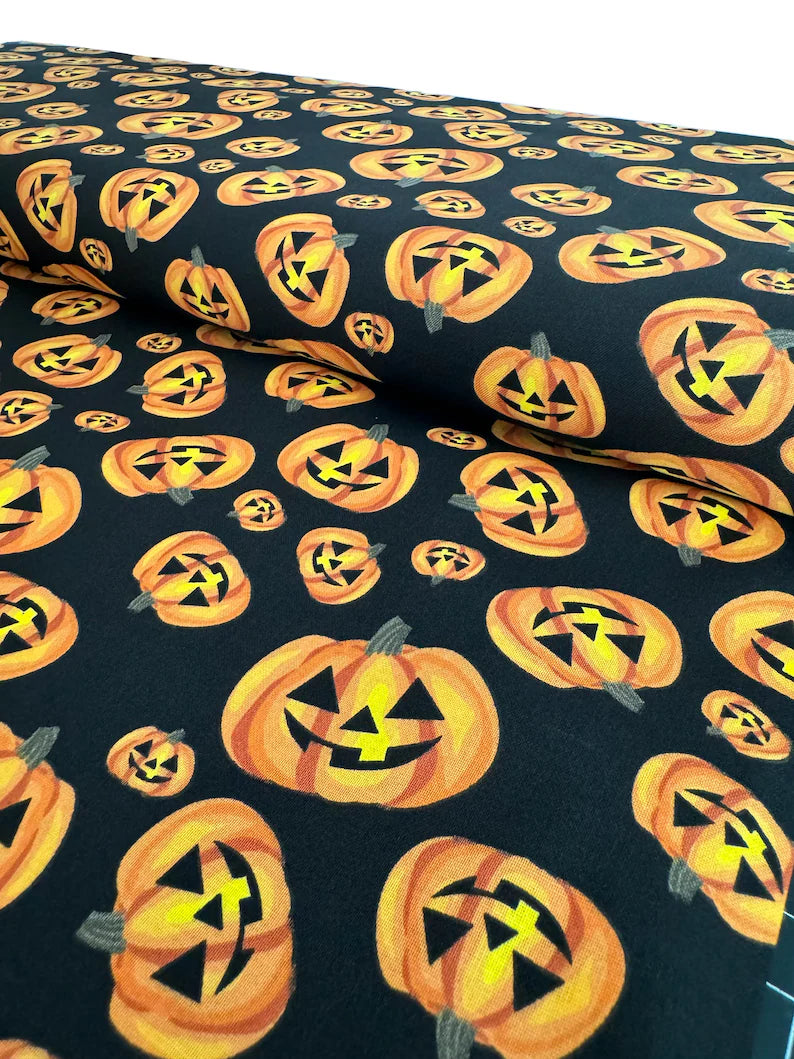 Halloween Happy Pumpkins on Black 100% Cotton Fabric