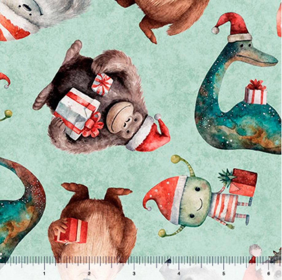 QT Fabrics Christmas Monsters on Seafoam Green 100% Cotton Price per Yard