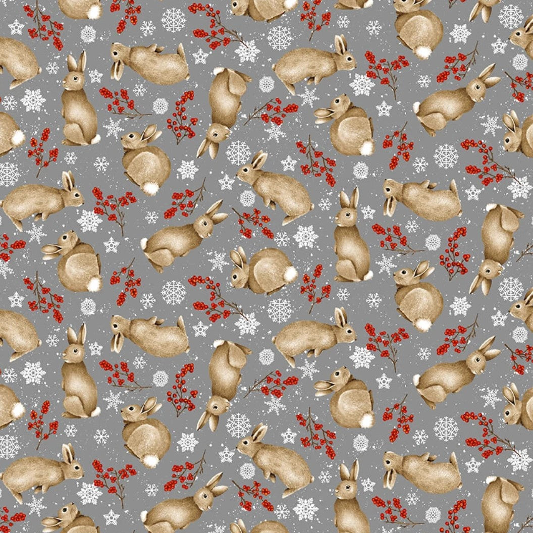 Christmas Tossed Bunnies on Gray 100% Cotton Price per Yard