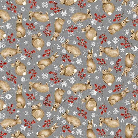 Christmas Tossed Bunnies on Gray 100% Cotton Price per Yard
