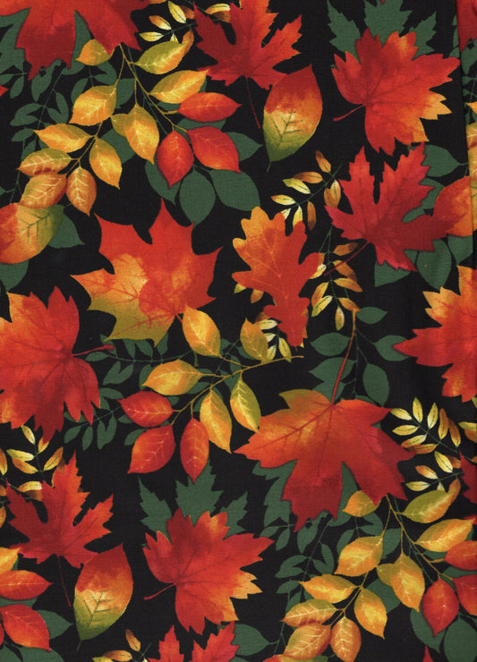 Thanksgiving Orange and Yellow Leaves on Black 100% Cotton Price per Yard