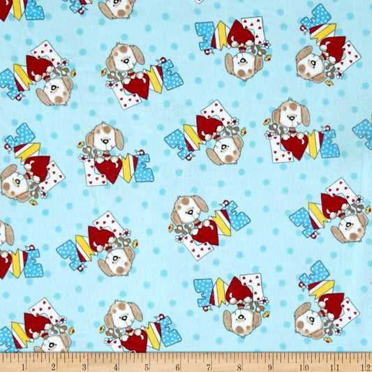 44 x 36 Cotton FLANNEL Love Pups on Blue A. E. Nathan 100% Cotton Baby