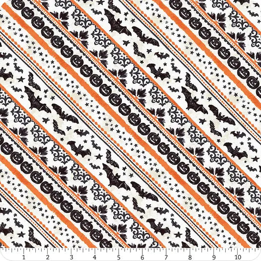Halloween Orange Ticking Diagonal Stripe Bats Pumpkins on White