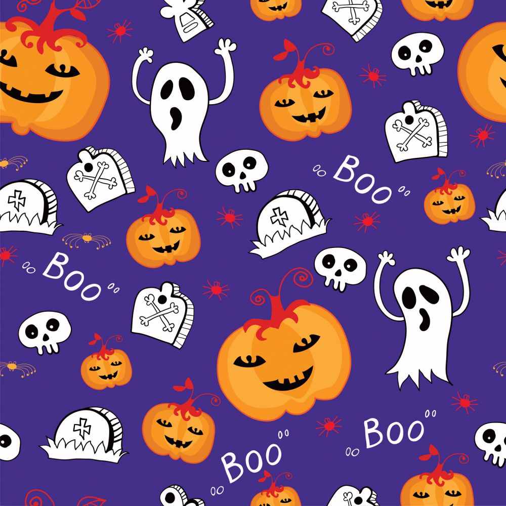 45 x 36 Halloween Ghosts BOO and Pumpkins on Purple 100% Cotton Fabric