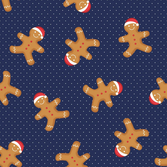 45 x 36 Christmas Happy Gingerbread Men on Dotted Blue 100% Cotton Fabric