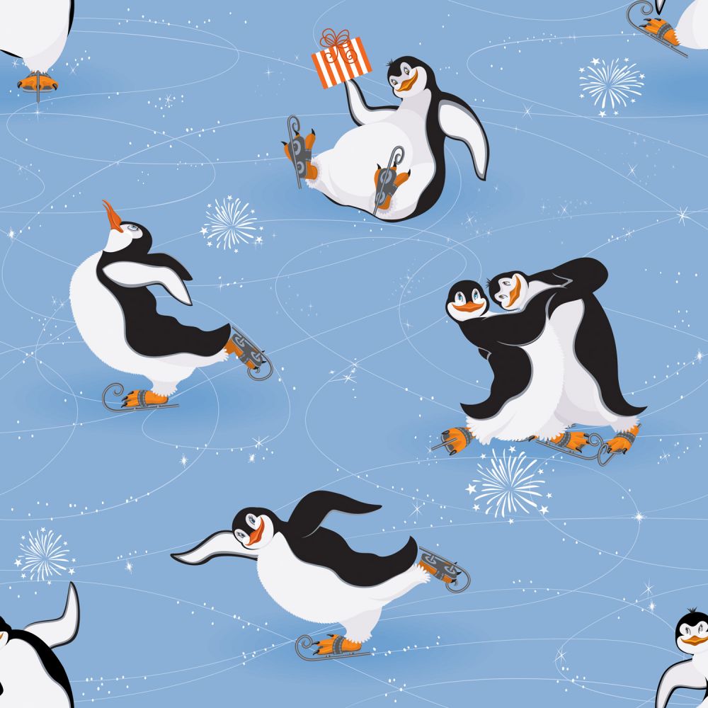 45 x 36 Christmas Ice Skating Penguins on Light Blue 100% Cotton Fabric By the Yard