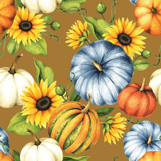 45 x 36 Fall Autumn Thanksgiving Fabric Pumpkins and Gourds on Brown 100% Cotton Fabric