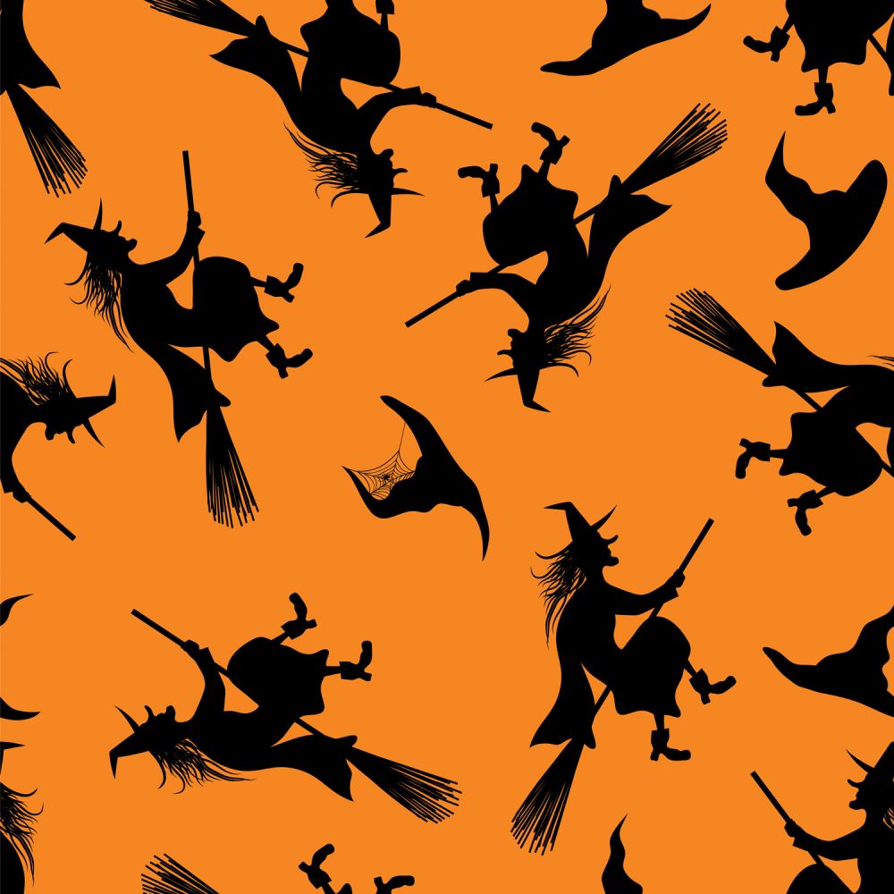 45 x 36 Halloween Flying Witches on Broomsticks on Orange 100% Cotton Fabric