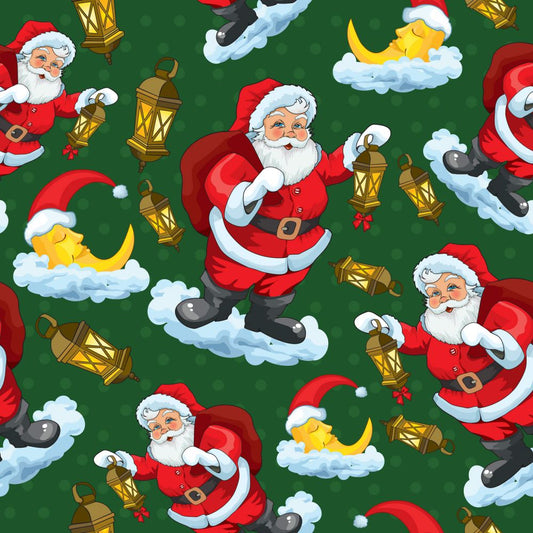 45 x 36 Christmas Santa Lanterns on Clouds Moons on Green 100% Cotton Fabric