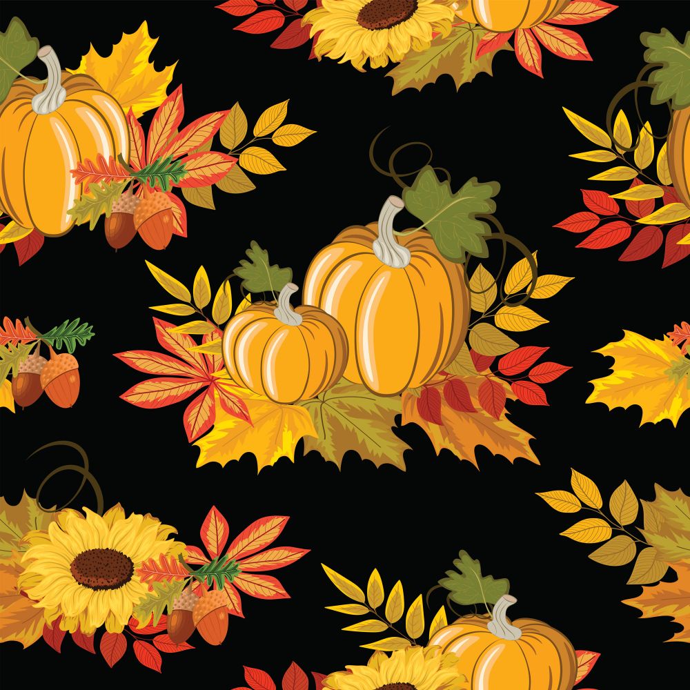 45 x 36 Pumpkins and Sunflowers on black 100% Cotton Fall Autumn Thanksgiving Fabric