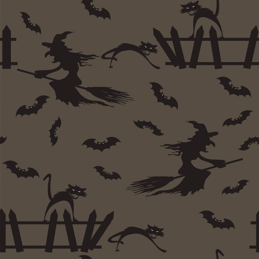 45 x 36 Halloween Flying Witches Bats and Scary Cats on Muted Black 100% Cotton Fabric